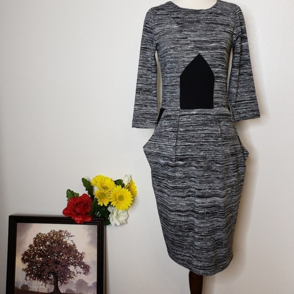 French Connection Fast City Space Dress Pockets Bodycon Mini Spring Retro Office - Picture 8 of 16